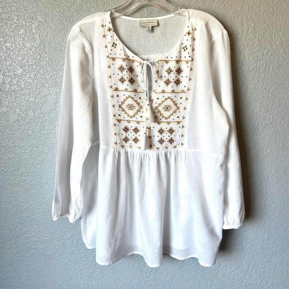 Lucky Brand embroidered front tie closure bohemian popover top - Picture 1 of 12
